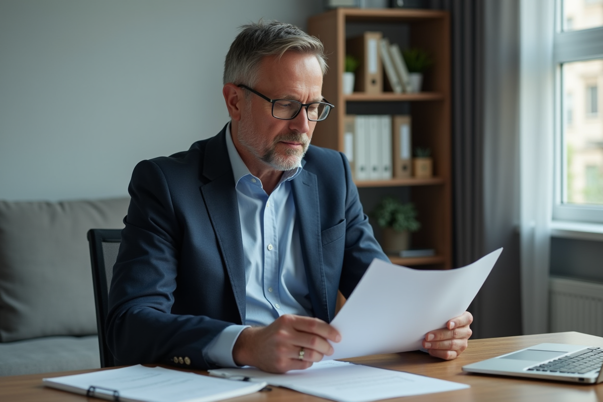 Homme en blazer bleu relisant documents d'assurance logement