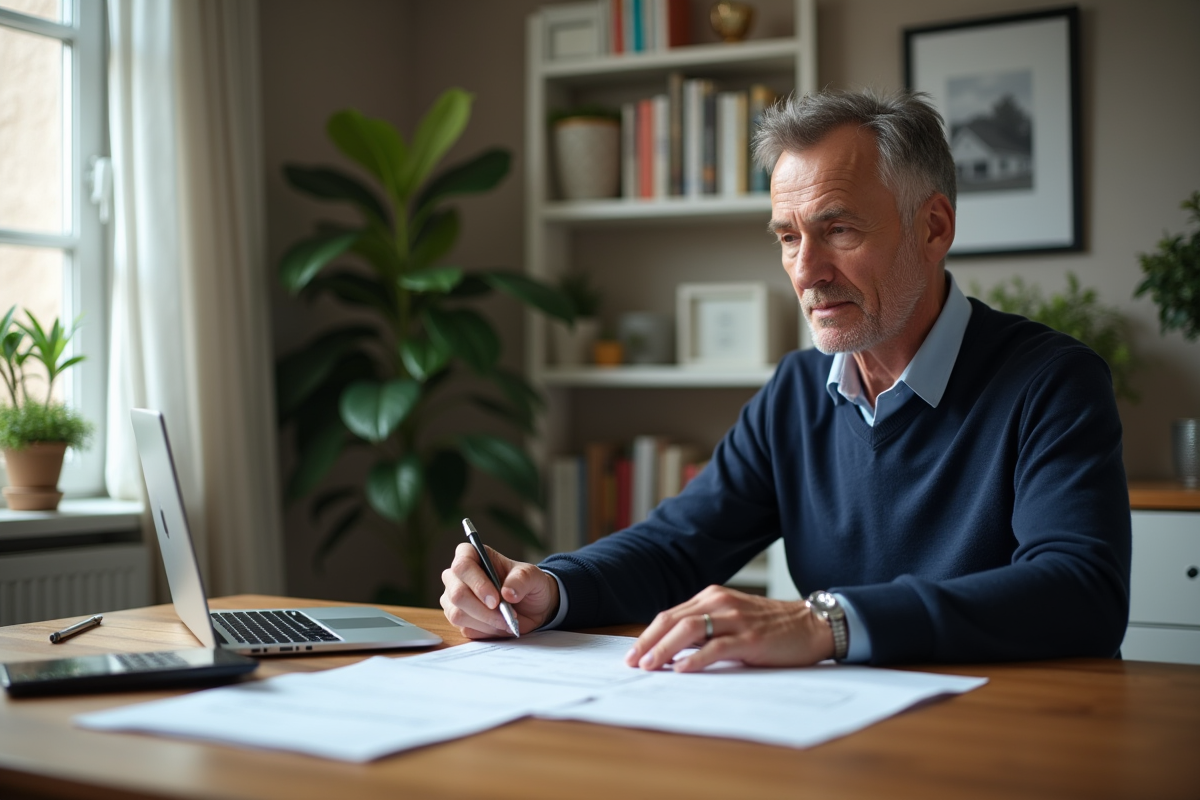 Homme d'âge moyen examinant des papiers d'impôts dans un bureau