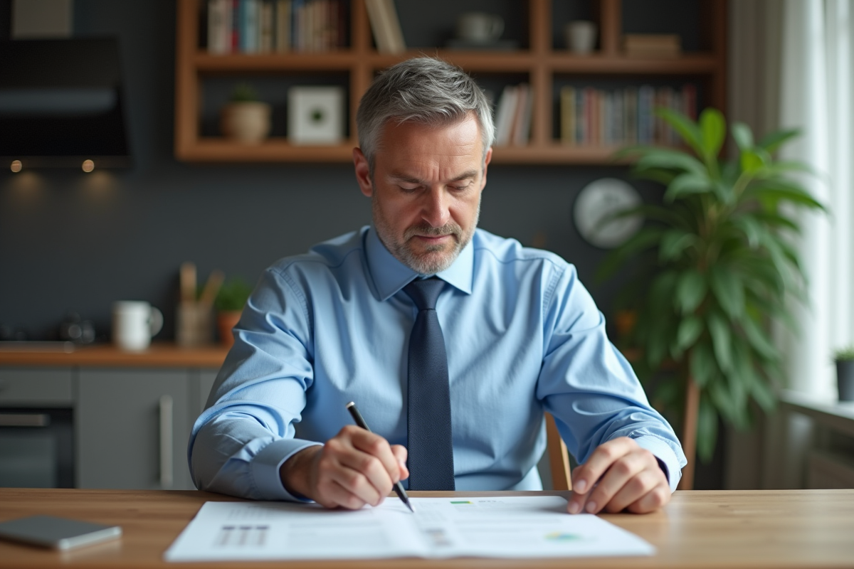 Homme d'âge moyen examine documents de dépenses immobilières