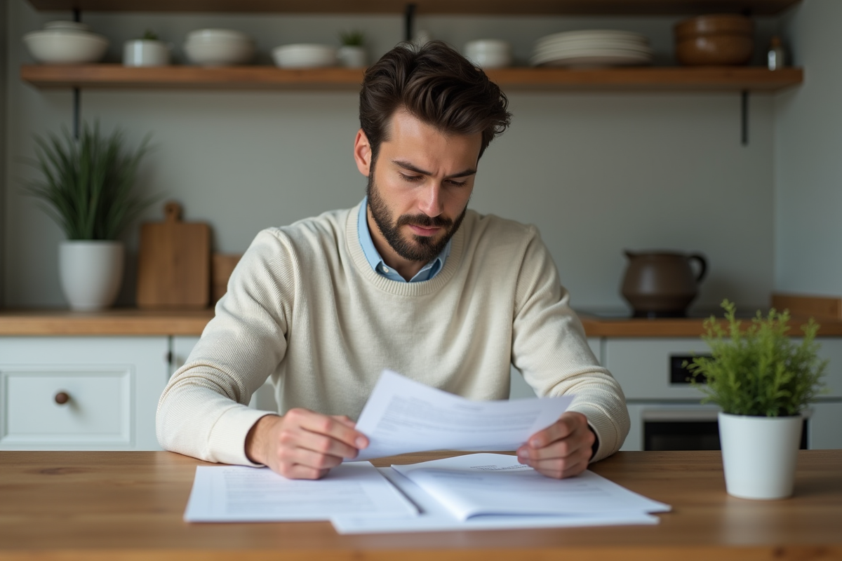 Homme détendu examine des documents d'assurance dans sa cuisine