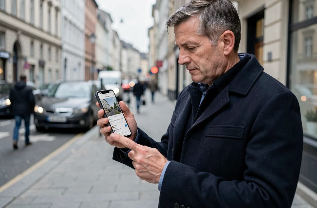 Homme debout dans la rue consultant une annonce immobilière sur son téléphone mobile