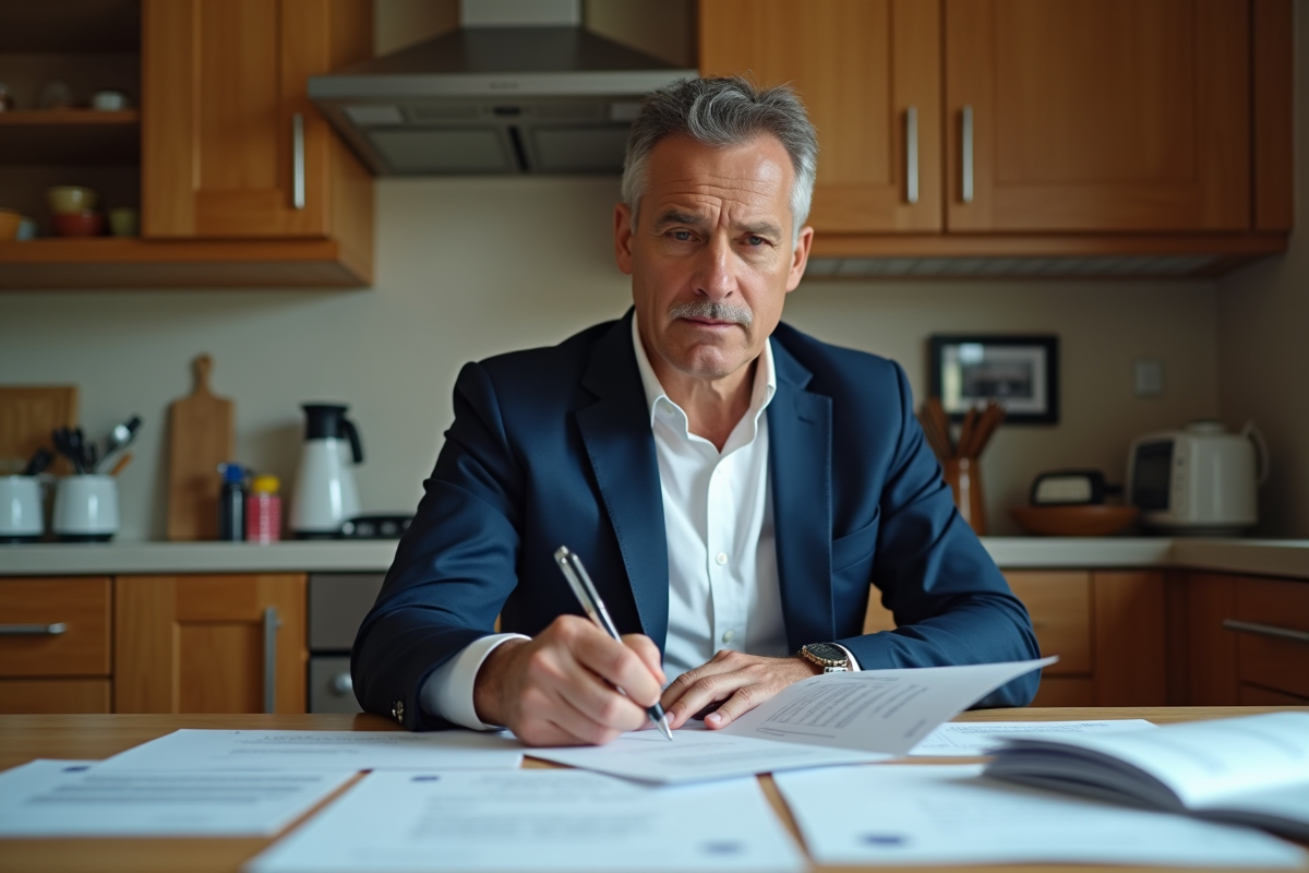 Homme d'âge moyen signant un document immobilier dans une cuisine