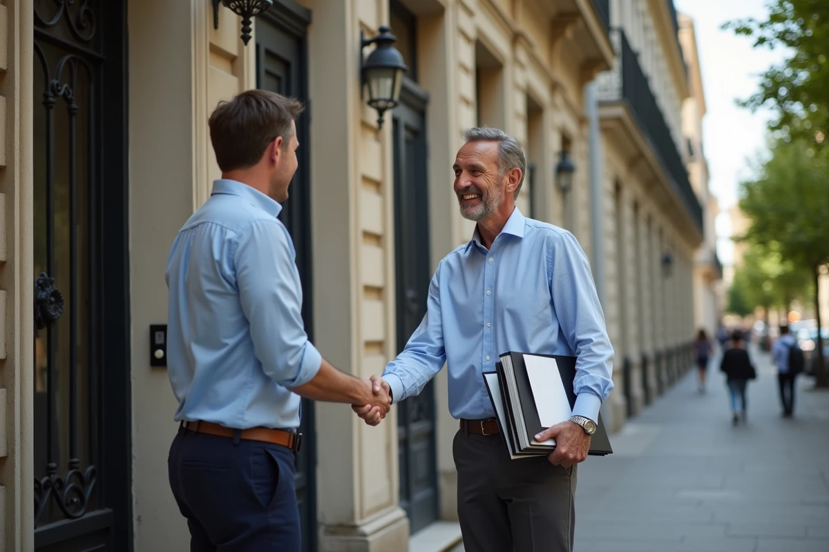 Homme souriant signant son contrat de location devant un immeuble lyonnais