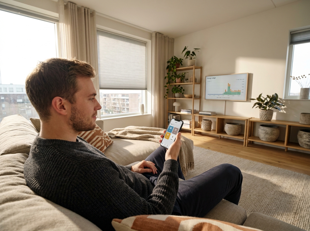 Jeune homme utilisant smartphone dans salon lumineux