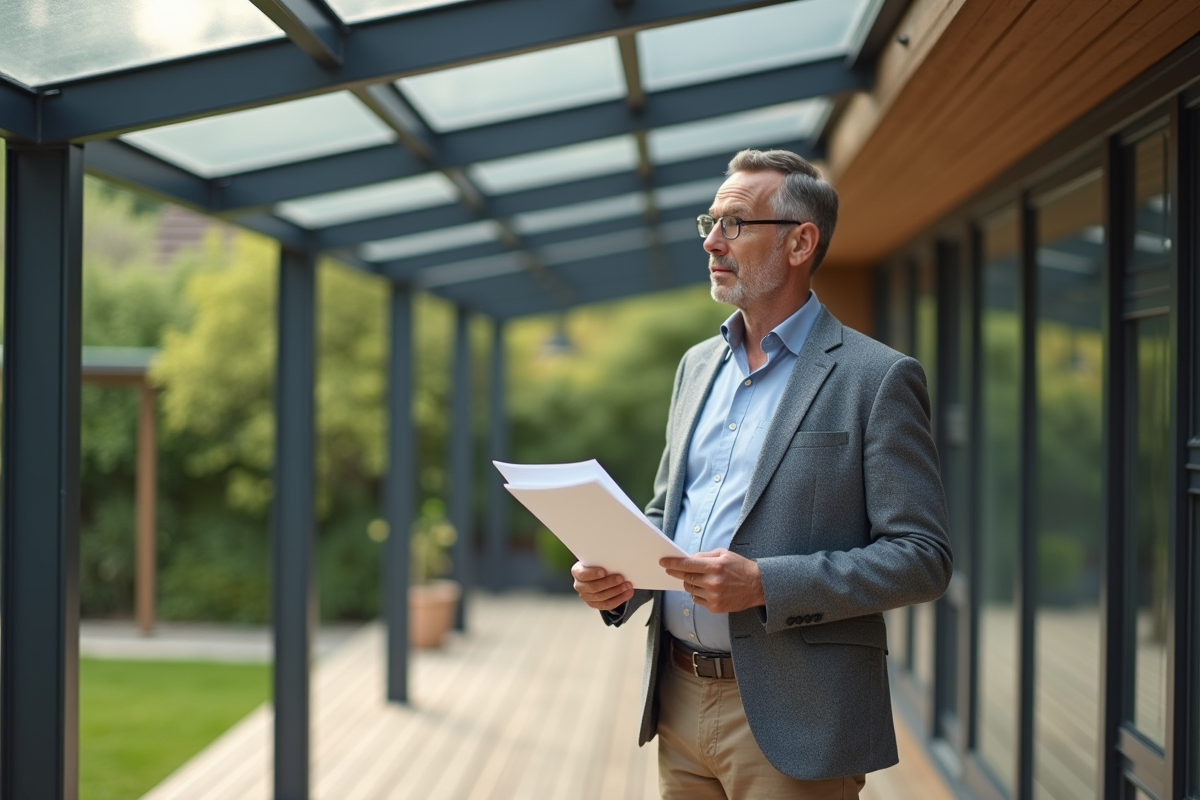 Homme d'âge moyen réfléchissant sur une terrasse moderne