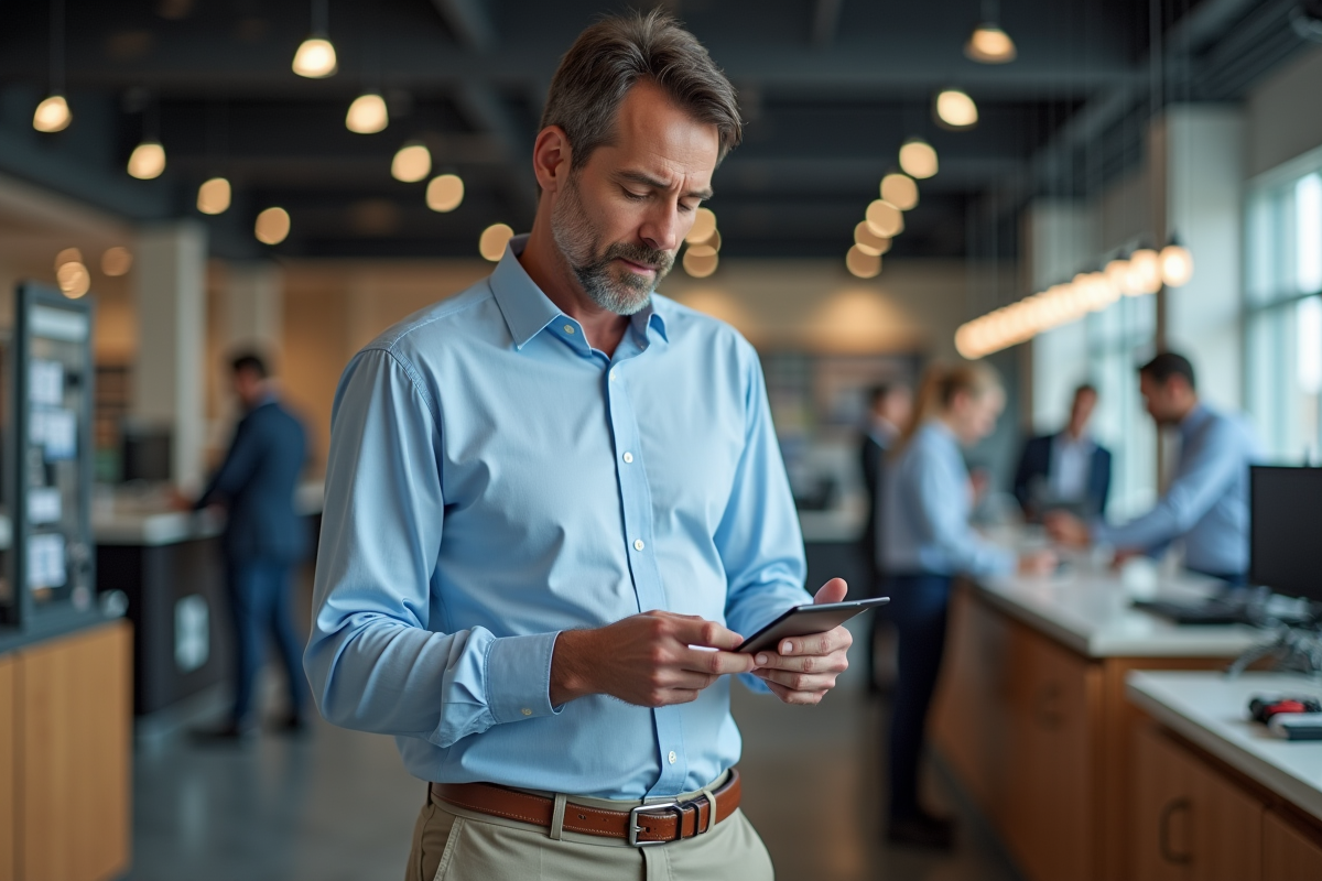 Homme d'âge moyen examinant un document de voiture dans un concessionnaire