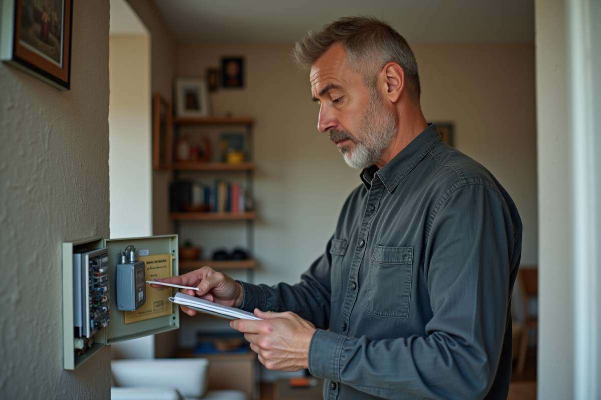 Homme vérifie le compteur électrique dans son salon