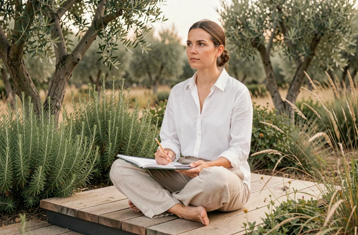 Designer d'Ibiodesign sur une terrasse bioclimatique entourée de plantes méditerranéennes en Provence