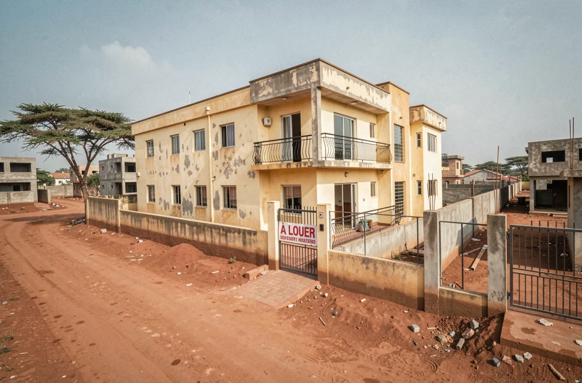 Immeuble locatif récemment construit sur un terrain au Sénégal avec panneau à louer dans un quartier en développement