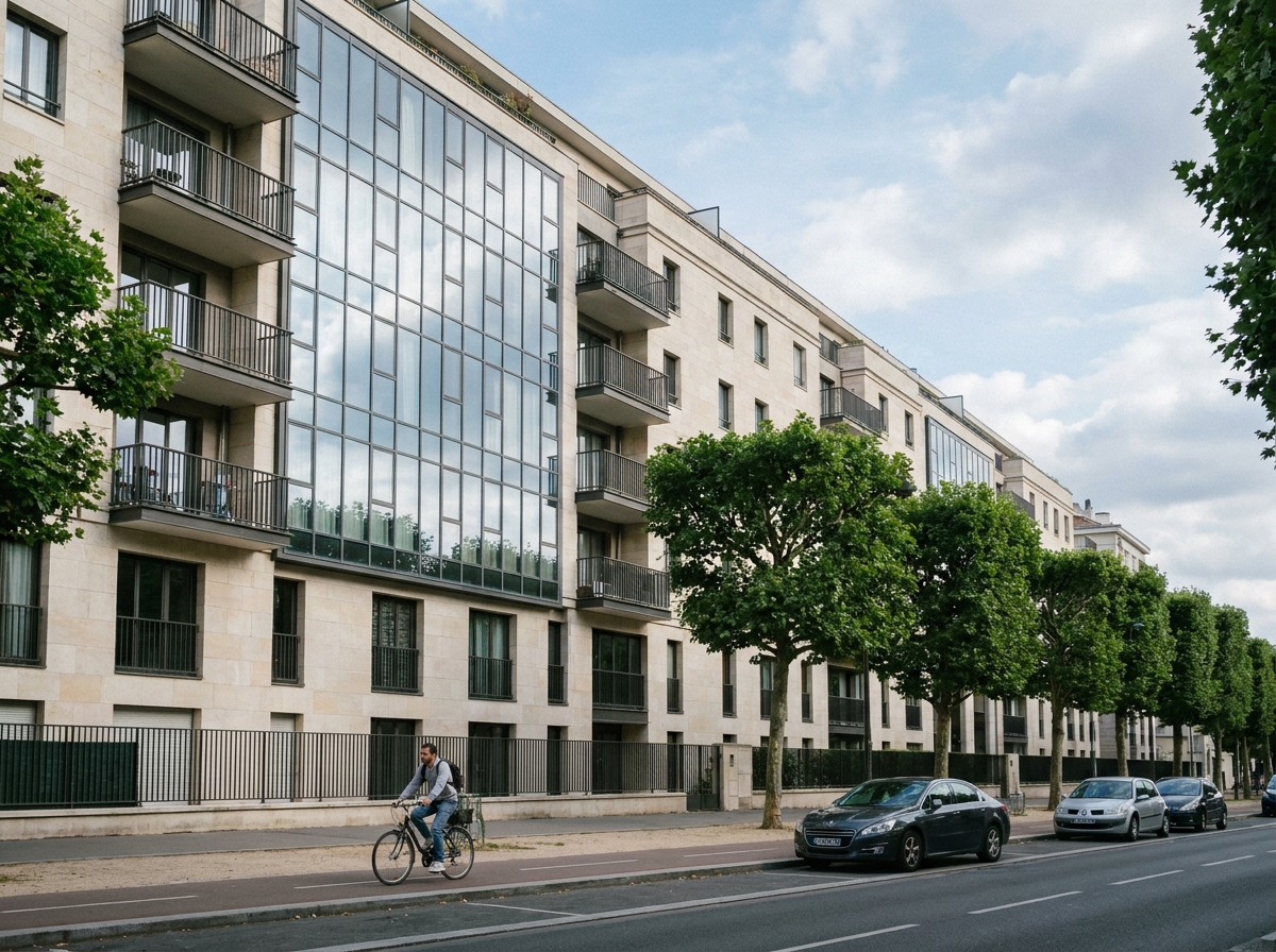 Façade d'un immeuble résidentiel neuf à Boulogne-Billancourt avec boulevard arboré et architecture contemporaine