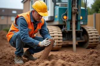 Ingénieur géotechnicien examinant une carotte de sol sur un chantier d'extension de maison
