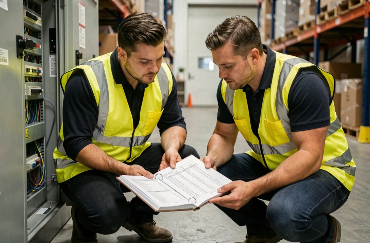 Deux ingénieurs électriciens consultant un référentiel d'indices BT47 devant un tableau électrique industriel