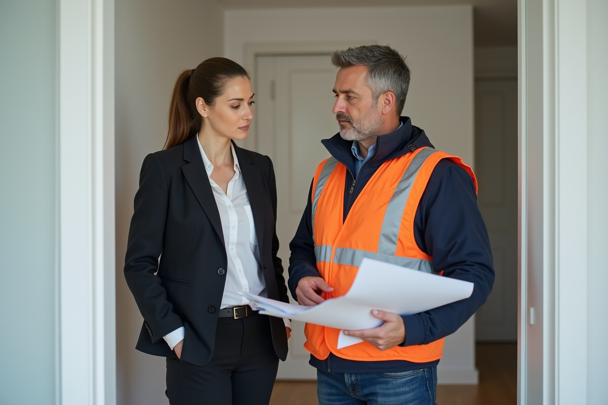 Inspecteur bâtiment avec une femme dans un appartement moderne