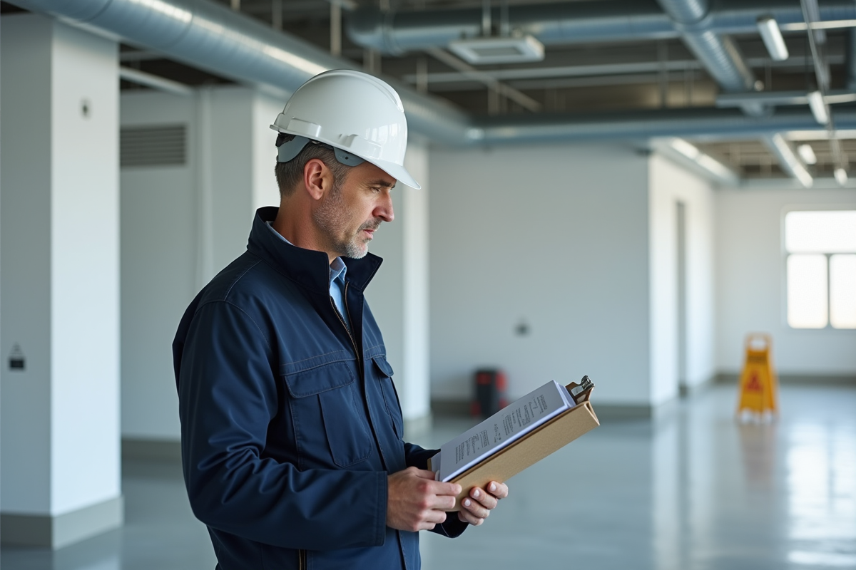 Inspecteur en chantier intérieur vérifiant des documents