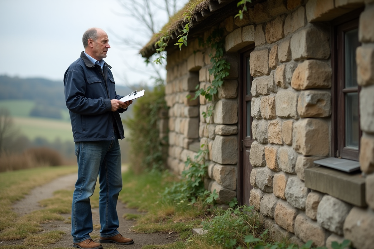 Inspecteur examinant une vieille maison rurale extérieure