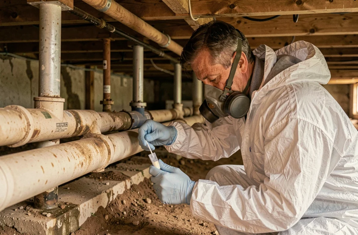 Inspecteur en équipement de protection individuelle examinant une conduite en fibrociment susceptible de contenir de l'amiante dans un vide sanitaire