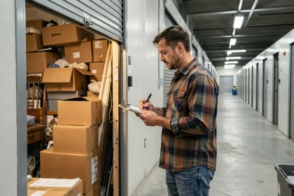 Homme inspectant le contenu d'un box de stockage lors d'une vente aux enchères dans un entrepôt de self-stockage