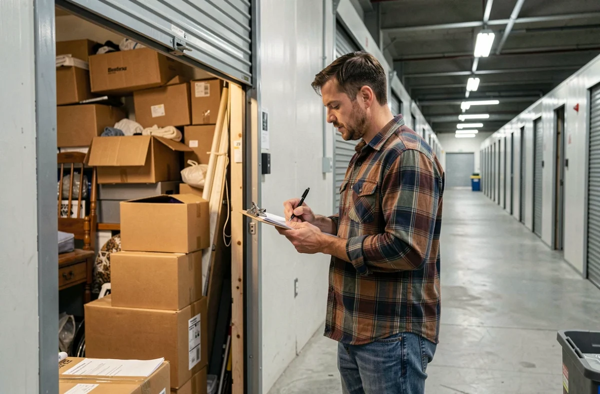 Homme inspectant le contenu d'un box de stockage lors d'une vente aux enchères dans un entrepôt de self-stockage
