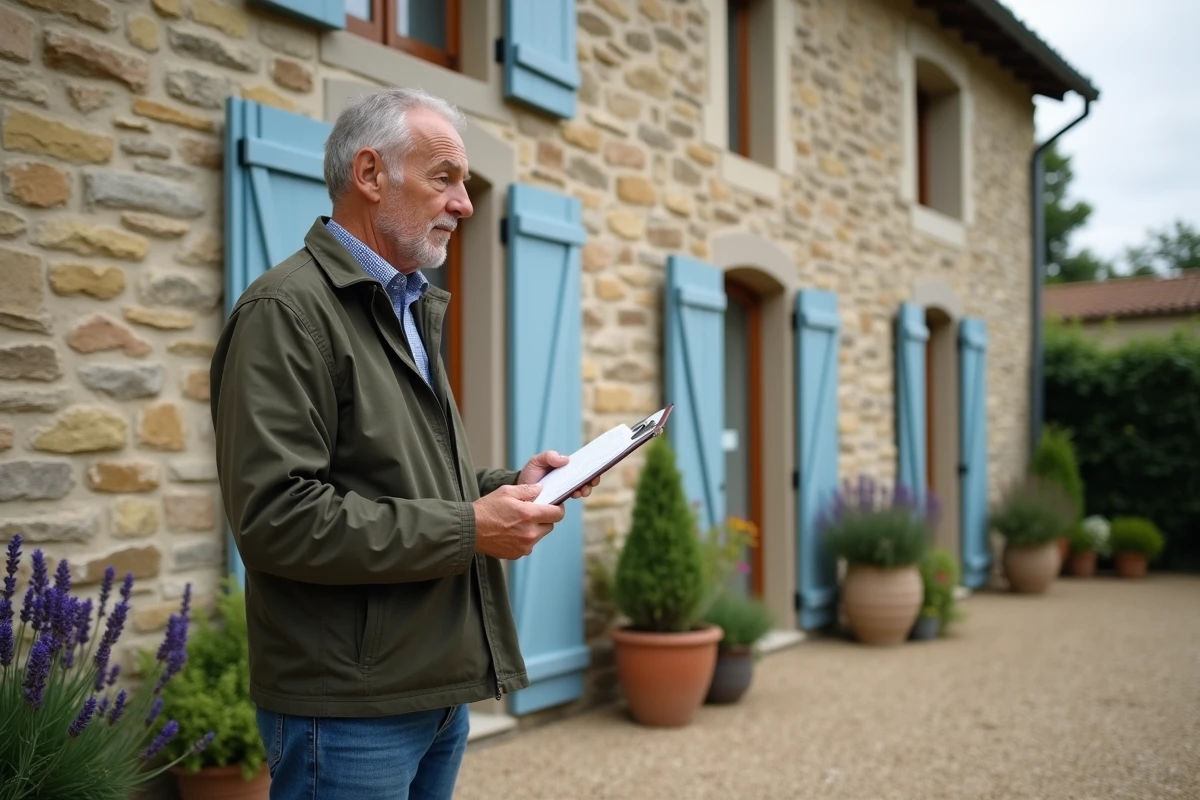 Propriétaire inspectant la façade d'un gîte rural en pierre lors d'une évaluation Prop Itea