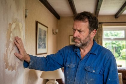 Homme en overalls inspectant un mur humide dans une maison chaleureuse
