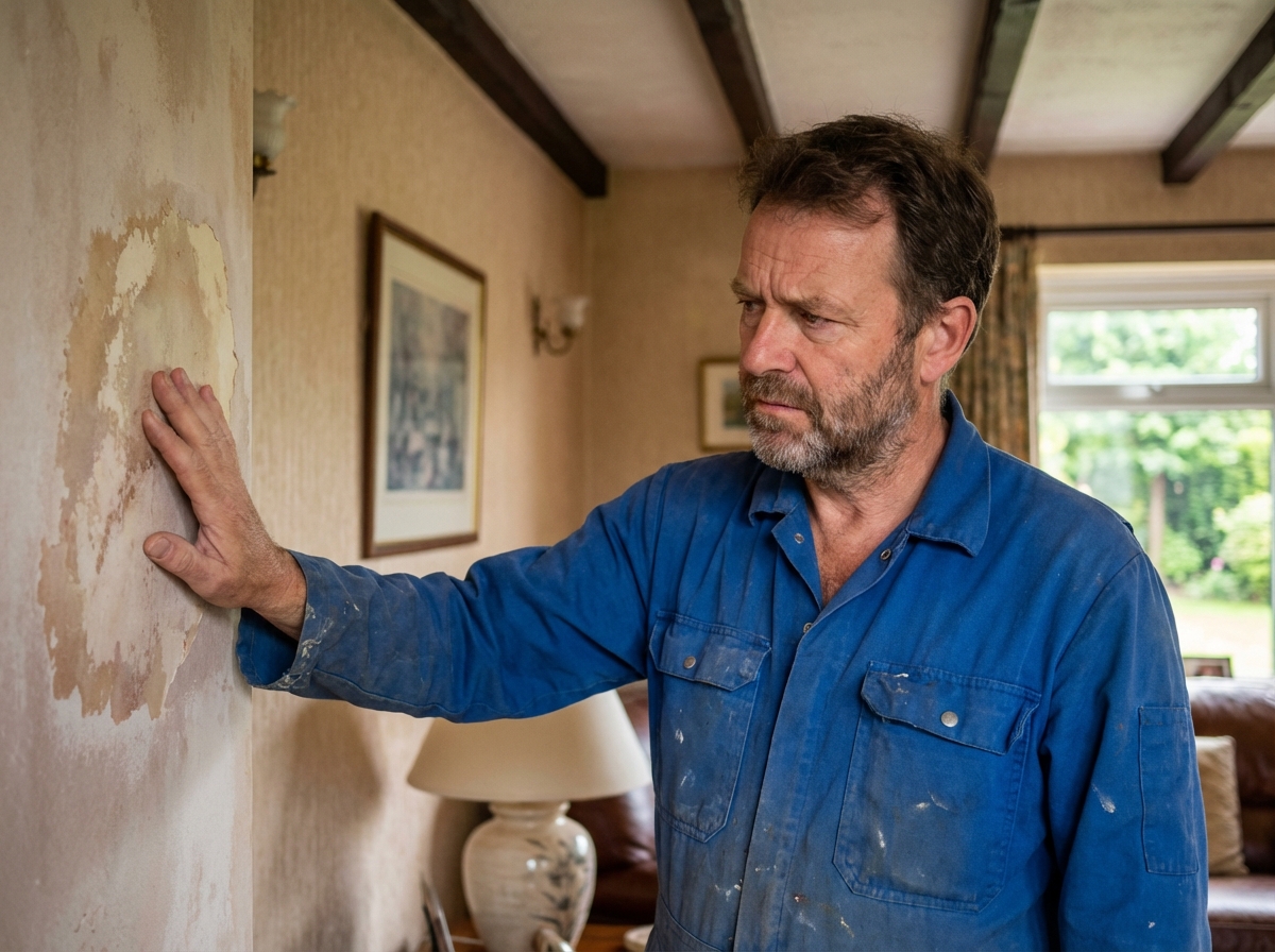 Homme en overalls inspectant un mur humide dans une maison chaleureuse