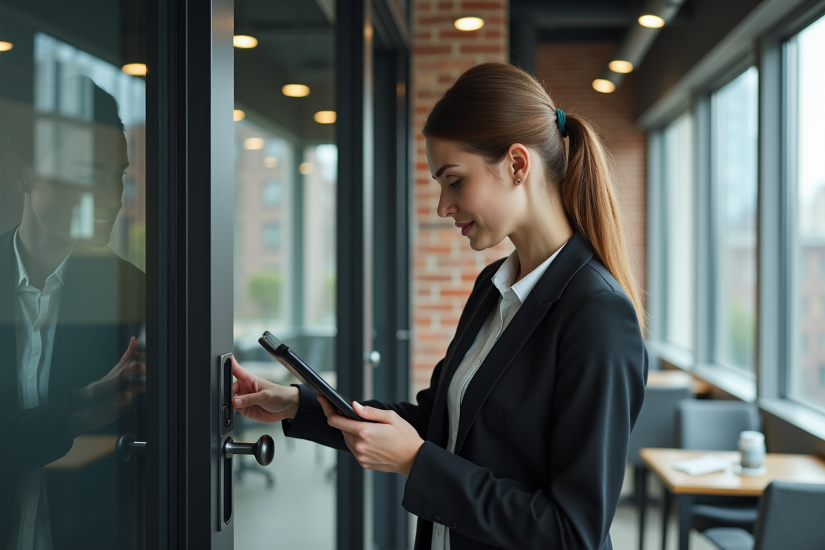 Jeune inspectrice vérifiant une serrure de fenêtre en bureau urbain
