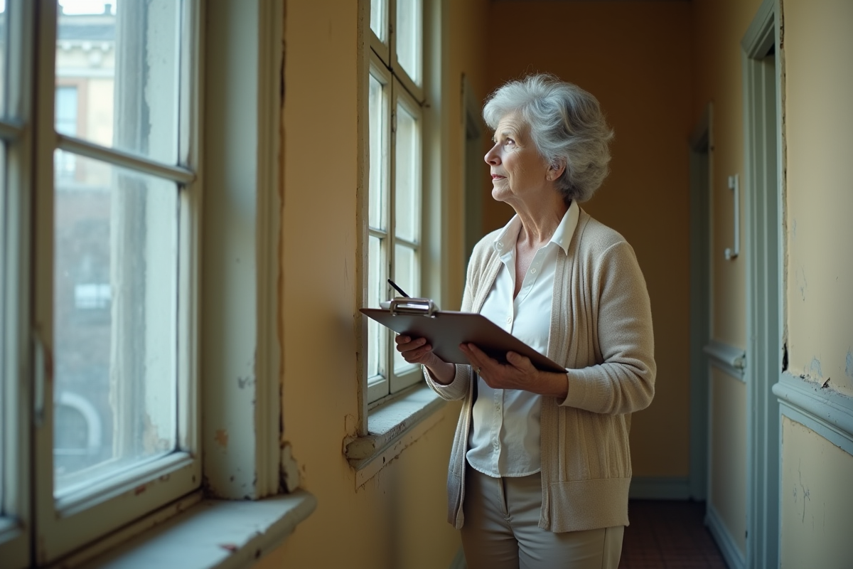 Inspectrice vérifiant une fenêtre dans un couloir ancien