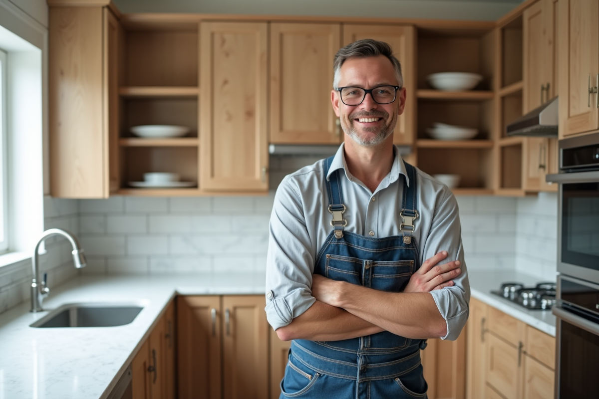 Homme en overalls installant une cuisine moderne dans une maison rénovée