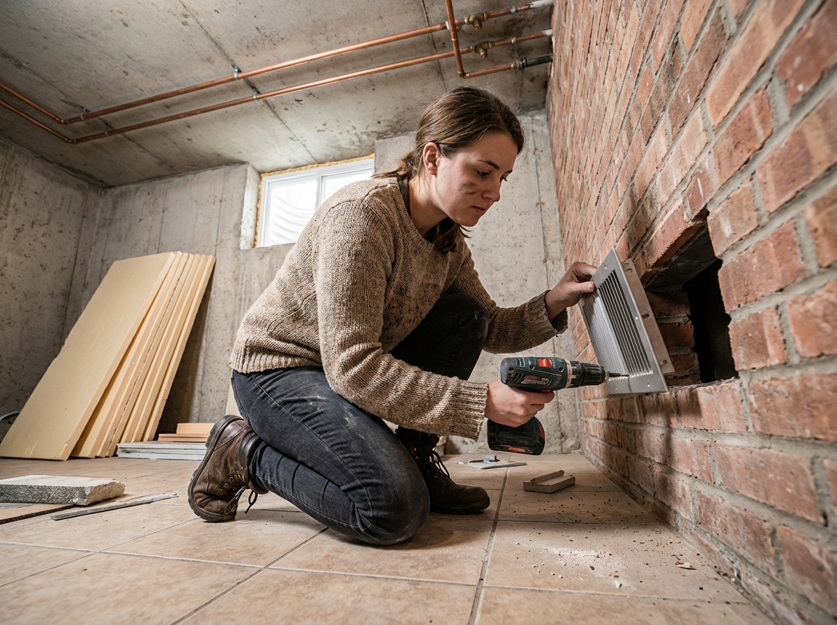 Jeune femme installant une grille de ventilation dans un sous-sol