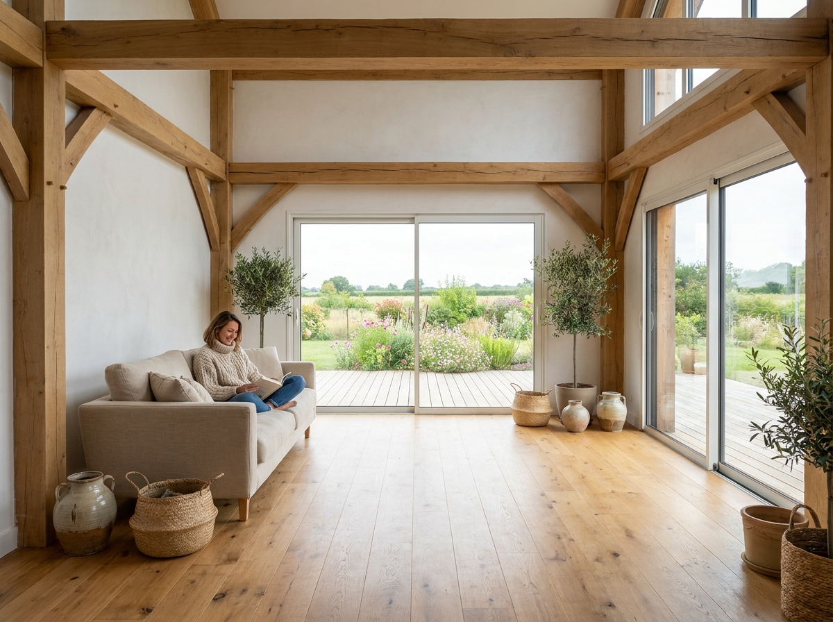 Intérieur chaleureux d'une maison ossature bois avec séjour moderne et vue sur jardin