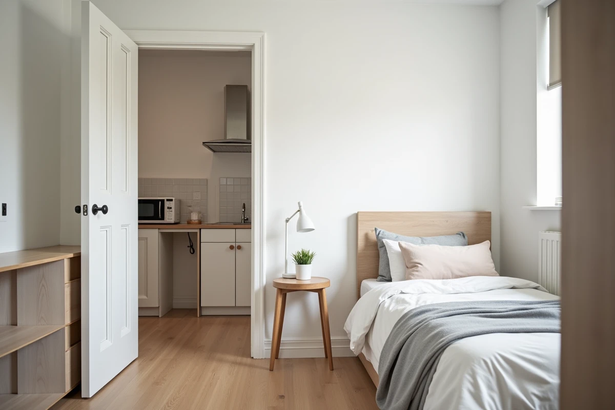 Intérieur d'un studio meublé moderne et fonctionnel proposé par Locama.fr à La Roche-sur-Yon pour les étudiants