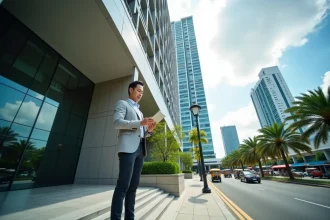 Investisseur immobilier examinant des documents devant un immeuble de condominiums moderne à Bangkok