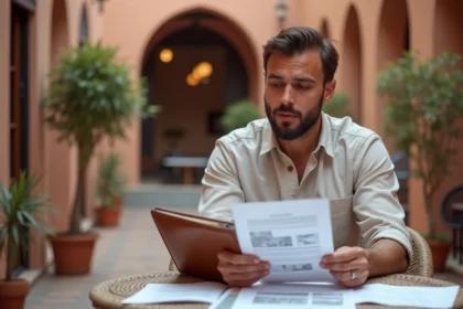 Investisseur débutant consultant des documents immobiliers dans un café de Marrakech avec architecture marocaine traditionnelle