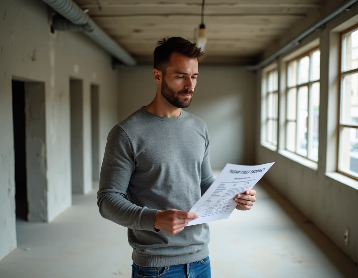 Investisseur immobilier débutant consultant un récapitulatif des frais de notaire dans un appartement à rénover