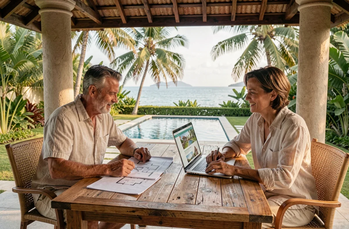 Couple d'investisseurs étudiant l'achat d'une villa à Koh Samui pour la location saisonnière sur une terrasse tropicale