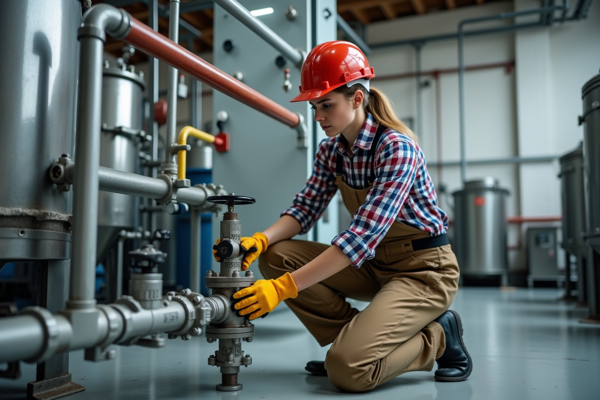 Jeune femme apprentie plombier ajuste une vanne dans une salle des machines