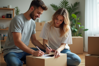 Jeune couple emballant des objets de cuisine dans un appartement lumineux