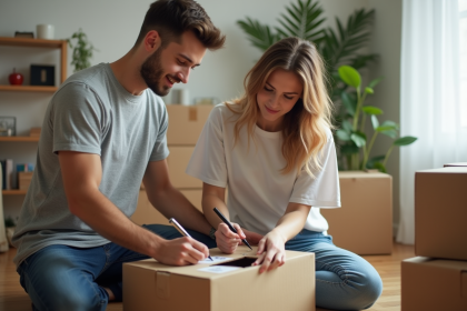 Jeune couple emballant des objets de cuisine dans un appartement lumineux