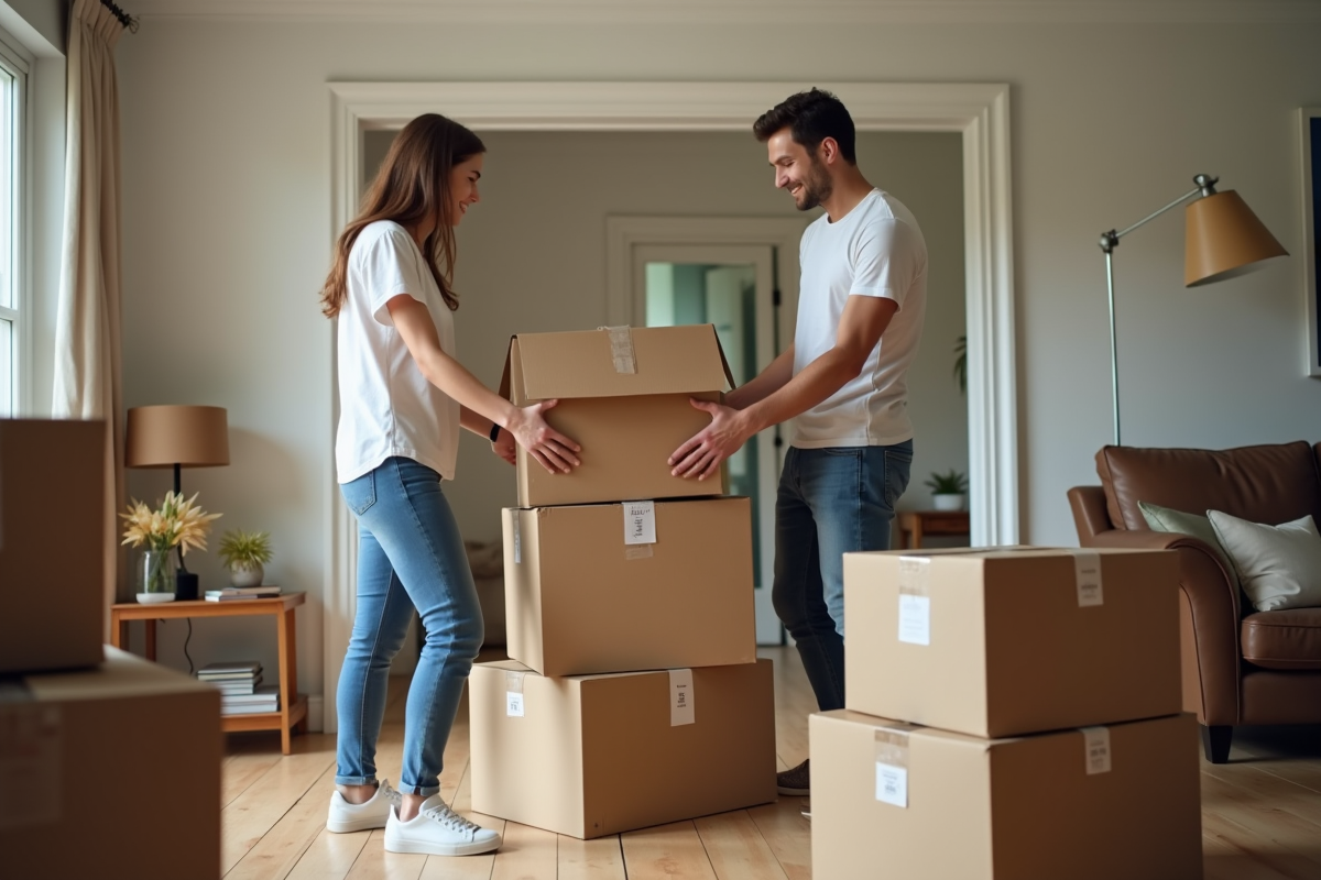 Jeune couple emballant des cartons dans un salon chaleureux