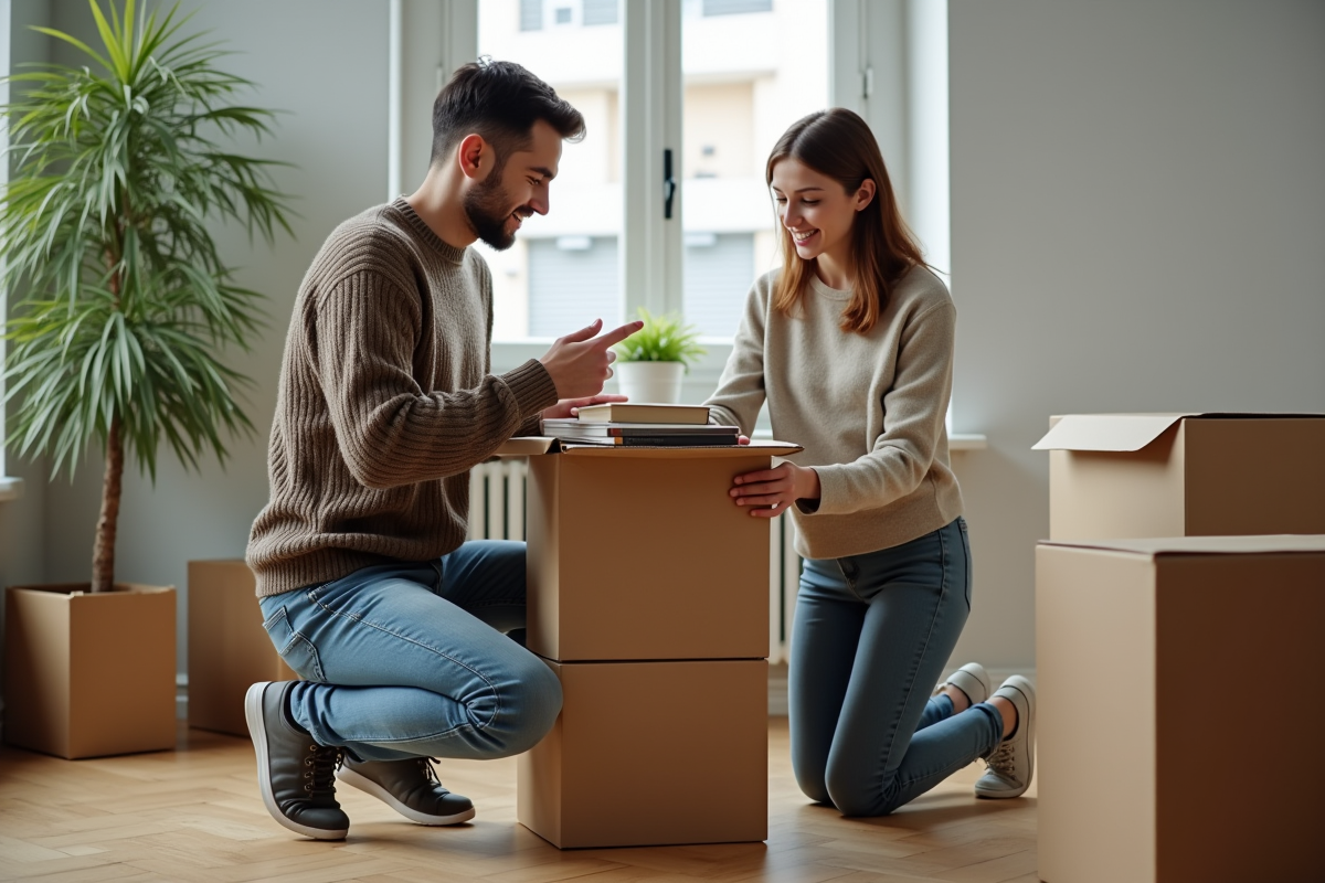 Jeune couple emballant des livres dans un salon moderne
