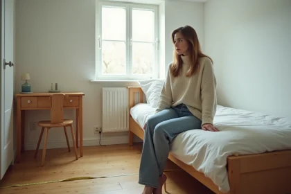 Jeune femme en jeans et pull dans une chambre lumineuse