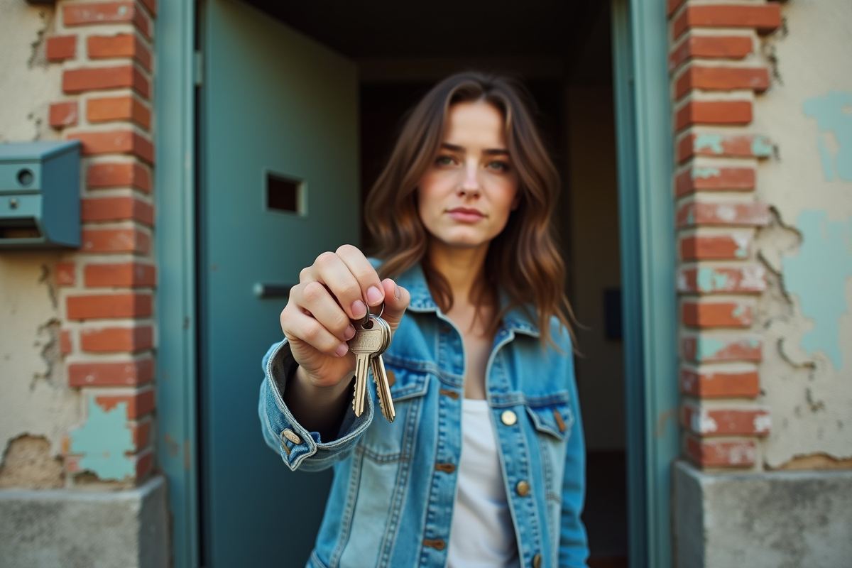 Jeune femme tenant des clés devant une porte d