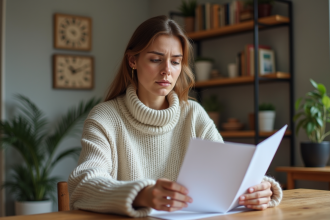 Jeune femme lisant un contrat de location dans son appartement