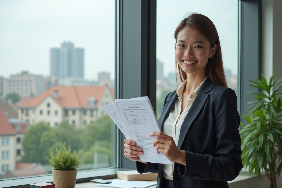 Jeune femme tenant des contrats de location dans un appartement moderne