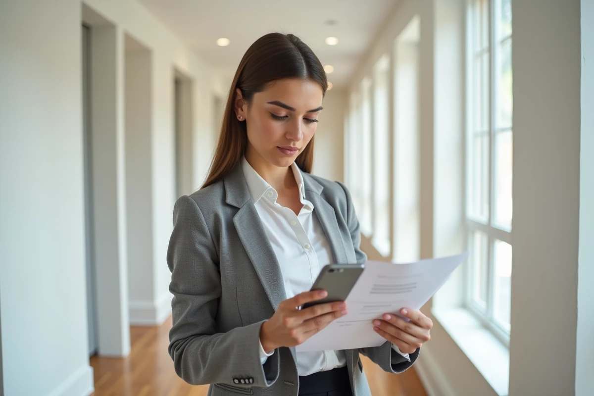 Jeune femme vérifiant un inventaire immobilier dans un couloir