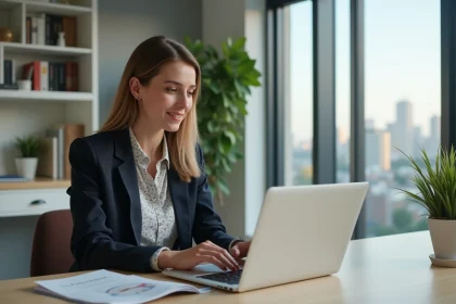 Jeune femme professionnelle consulte des annonces immobilières
