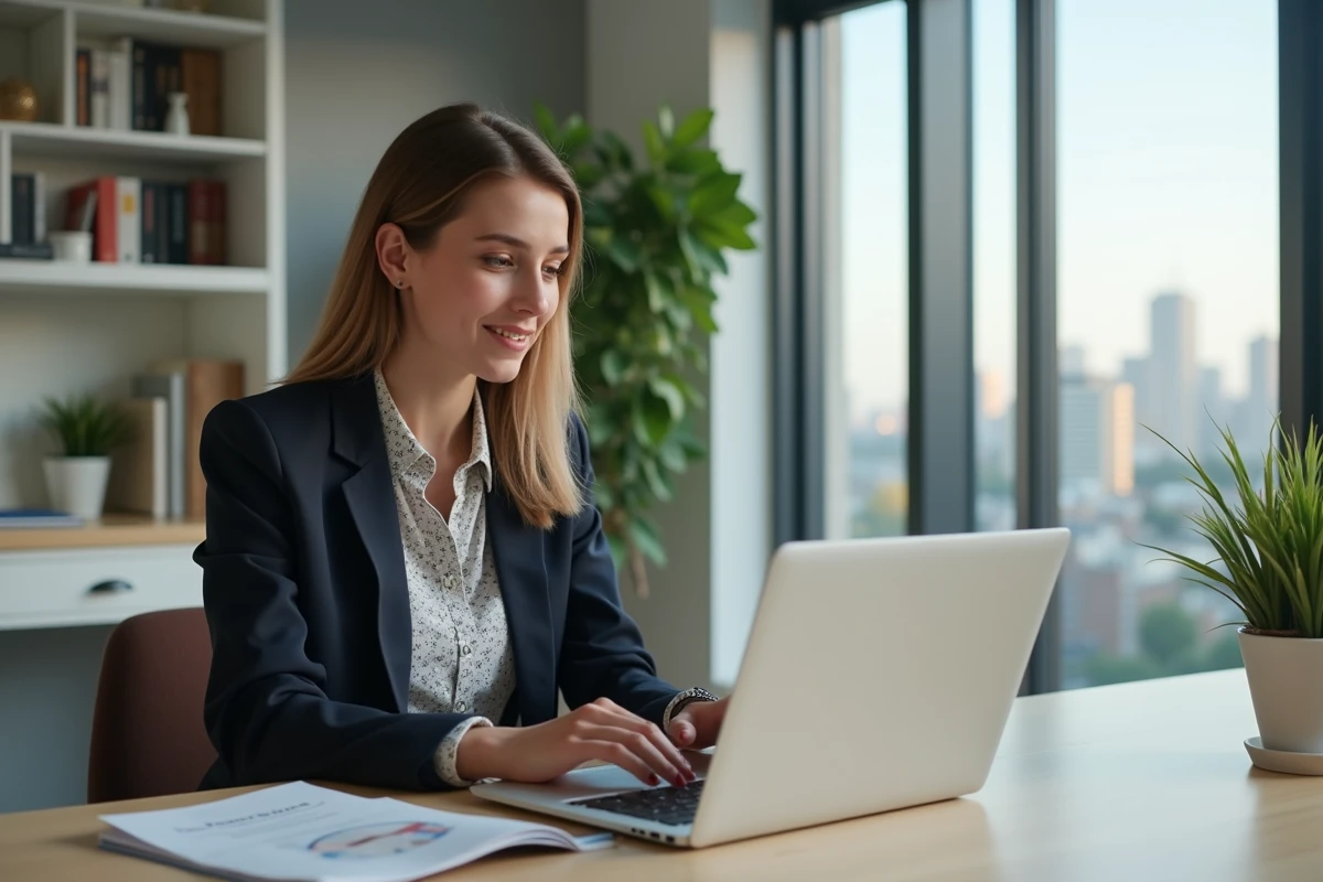 Jeune femme professionnelle consulte des annonces immobilières