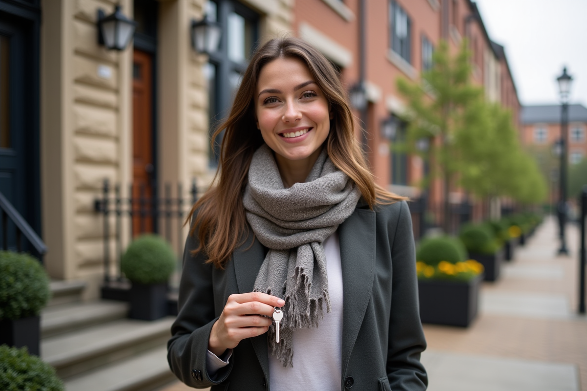Jeune femme souriante avec clés devant maison rénovée