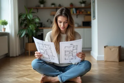 Jeune femme compare deux plans d appartement T1