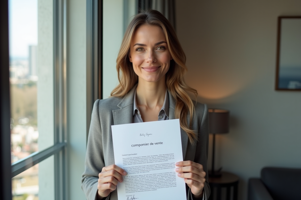 Jeune femme souriante tenant un compromis de vente dans un appartement